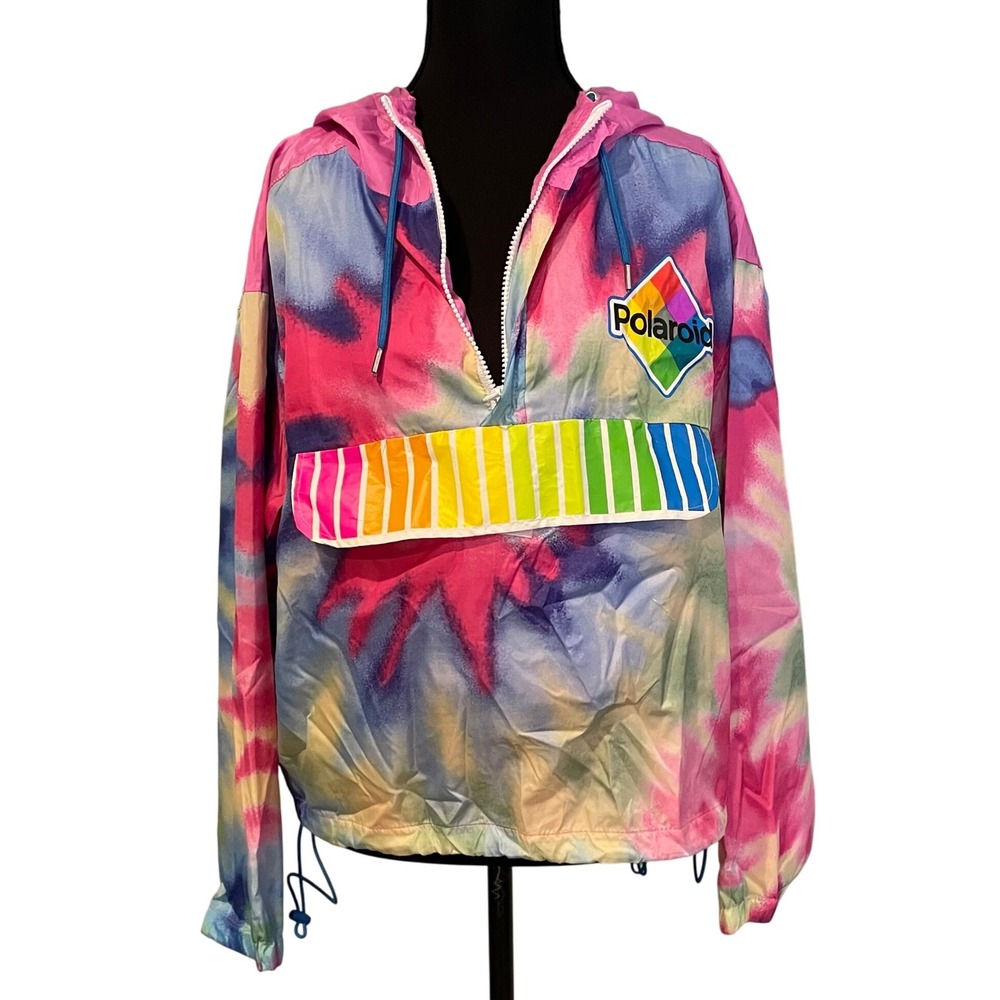 Polaroid Tie‎ Dye Windbreaker Anorak Jacket Rainbow Pocket Hooded Women's L